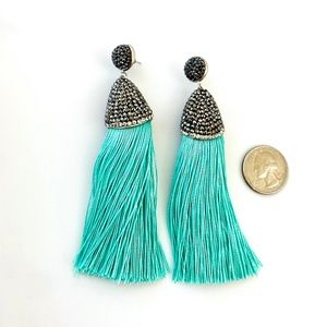 new Chunky Long Pave Crystal Turquoise Tassel Earrings nwot